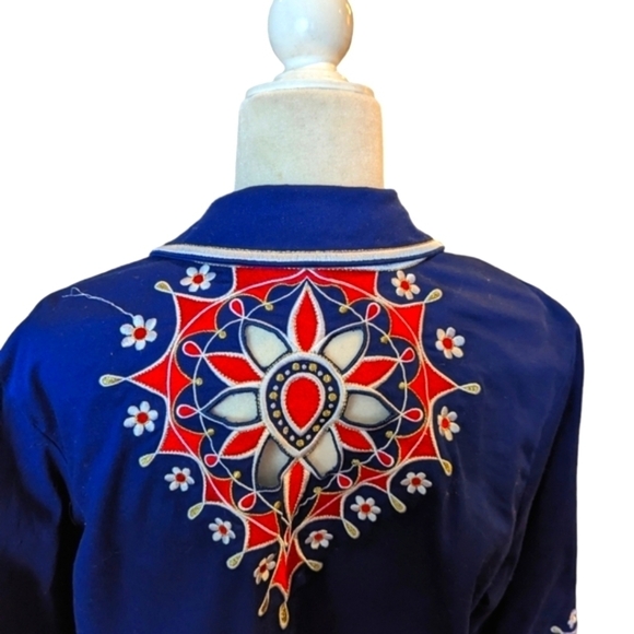 Bob Mackie Lazer cut out embroidered navy with red/ white zip up jacket sz 1X - Picture 3 of 7